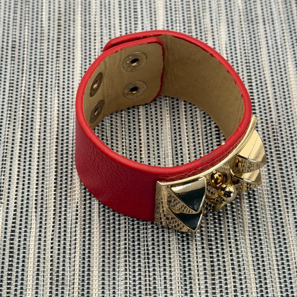 Red Faux Leather Studded Cuff Bracelet Gold Pyramid Door Knocker Ring Edgy Punk